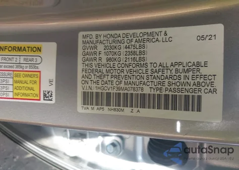 2021 Honda Accord Sport from USA, damaged, VIN 1HGCV1F39MA078378